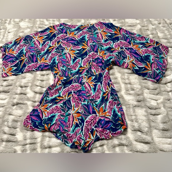 Lulus Hypnotized Purple Gauzy Tropical Print Faux Wrap Romper w Kimono Sleeves - Picture 2 of 11